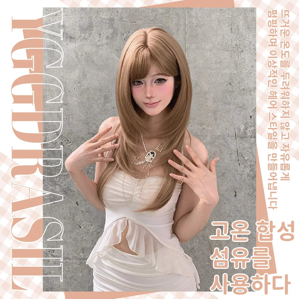 26Inch Modern Style Honey Blonde Synthetic Wigs with Bangs Long Natural Straight Hair Wig for Women Daily Use Heat Resistant