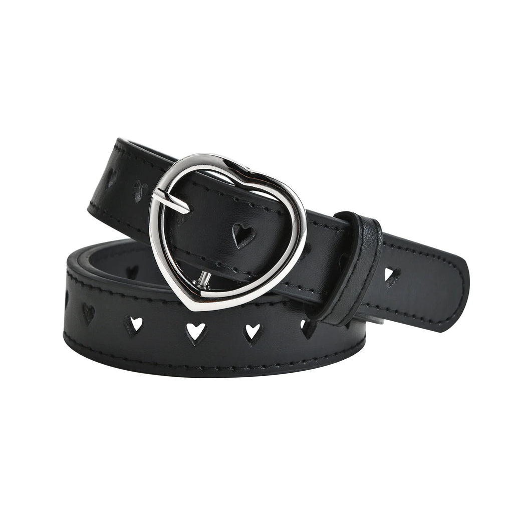 Children Leather Belt Cute Peach Heart Buckle Belts for Girls Solid Color Waistband Korean Fashion Love Heart Eyelet Waist Belt