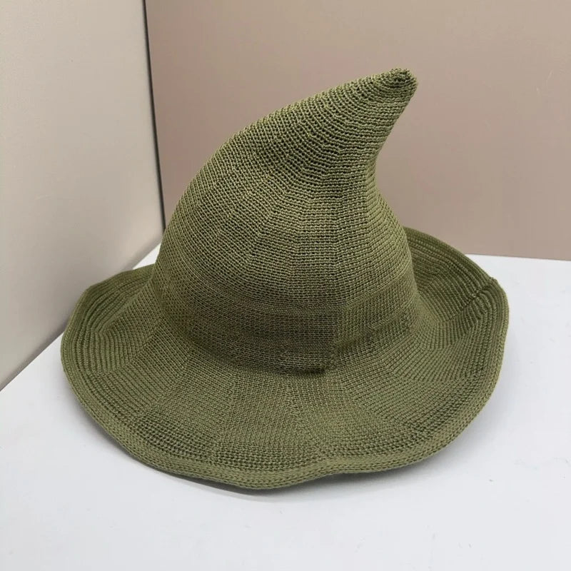 Women Witch Hat for Halloween Wool Hats Wide Brim Spire Knitted Cap Party and Daily