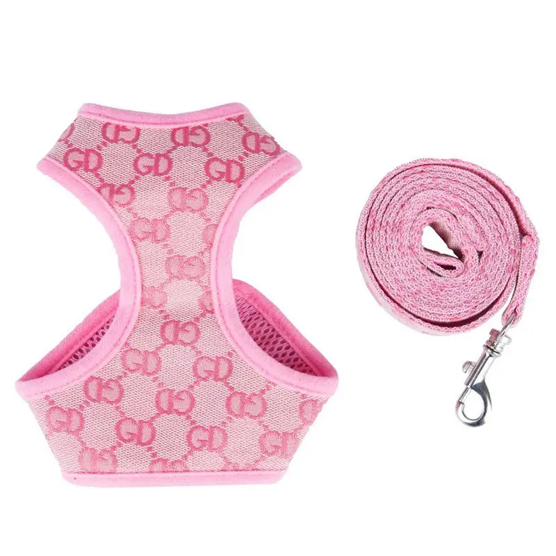 Designer Dog Harness and Leashes Set Classic Pattern Pets Collars Leash Breathable Mesh Pet Harnesses for Small Dogs Poodle Schn
