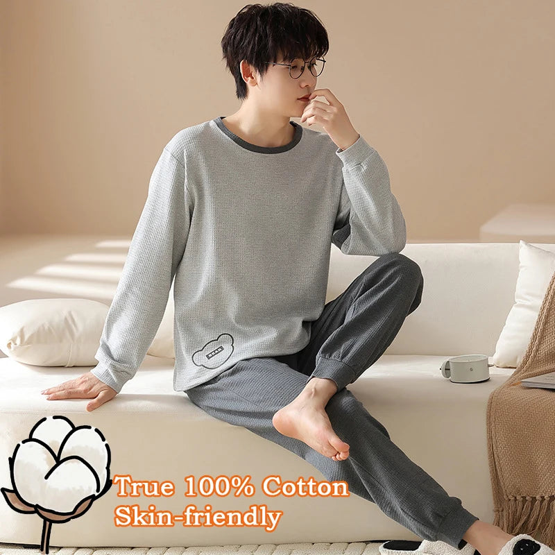 Spring Autumn Mens 100% Cotton Pajamas Set Summer Sleepwear Japanese Winter Gray Long Sleeve Homewear for Men Lounge Sets Pajama