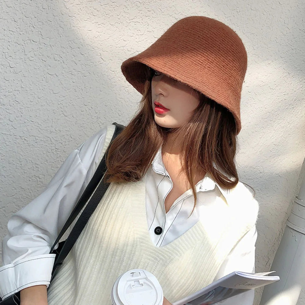 Hip Hop Women Thicken Autumn Knitted Winter Bucket Hat Warm Hats Felt Wool Hat Fishing Cap