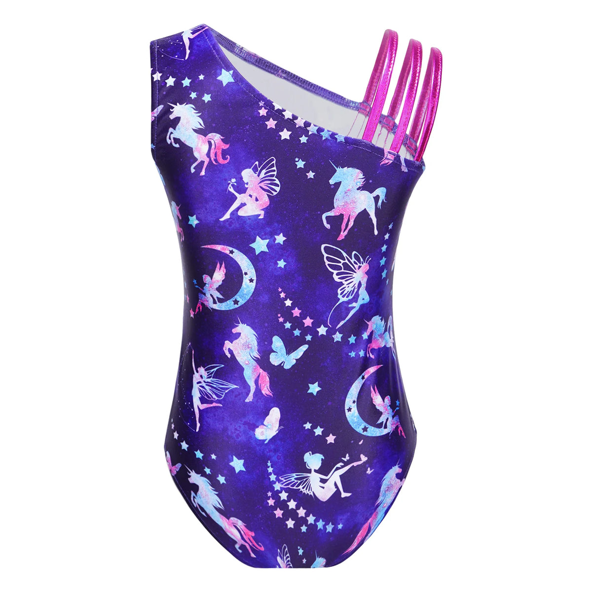 Kids Girls Gymnastics Swimsuit for Dancing Ballet Dancewear Metallic Shiny Leotard Print Asymmetrical Shoulder Strap Bodysuit