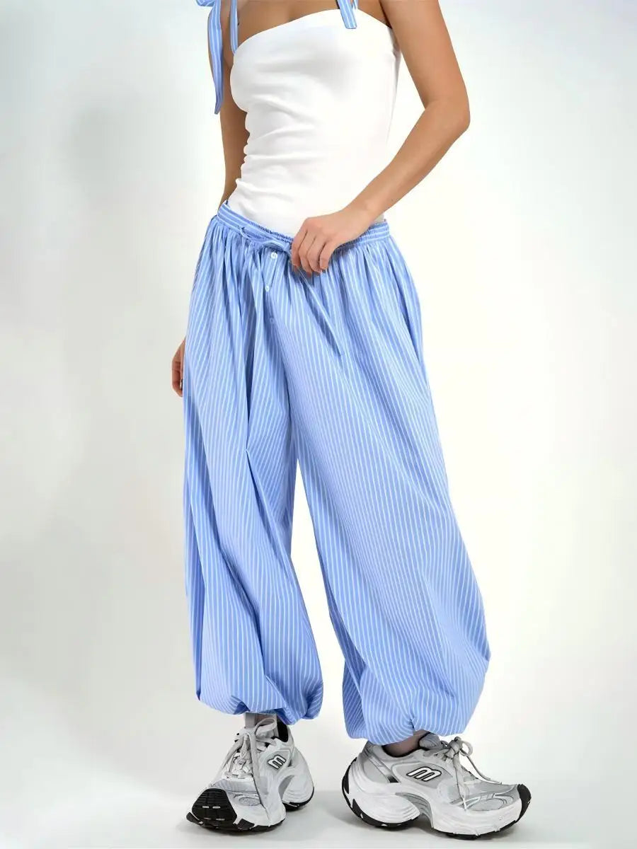 Wolfeel Summer  New Women's Cotton Thin Striped Baggy Lantern Pants  Fashion Elastic Waist Casual Streetwear Trousers