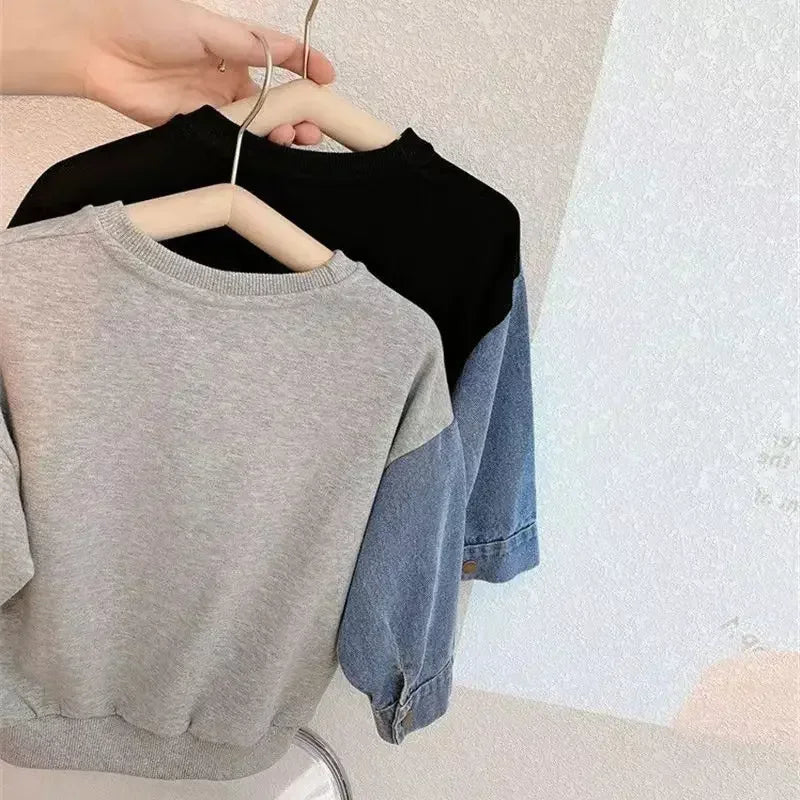 Boys Denim Sweatshirt Kids Stitching Sleeved Loose Sweater Casual Hoodies 2025 Spring Autumn Children's Street Style Clothing