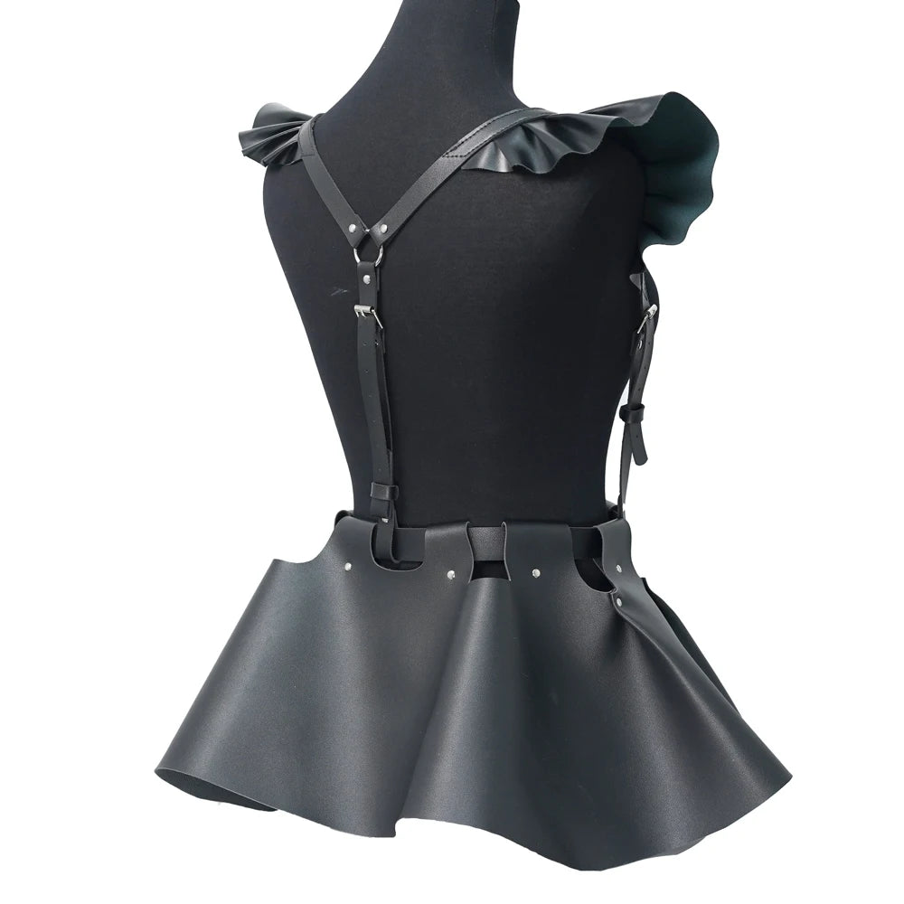 Women's Fashion Leather Body Harness Belt Skirt With Ruffle Hem Gothic Style Waist &Shoulder Belt Clothing Accessory