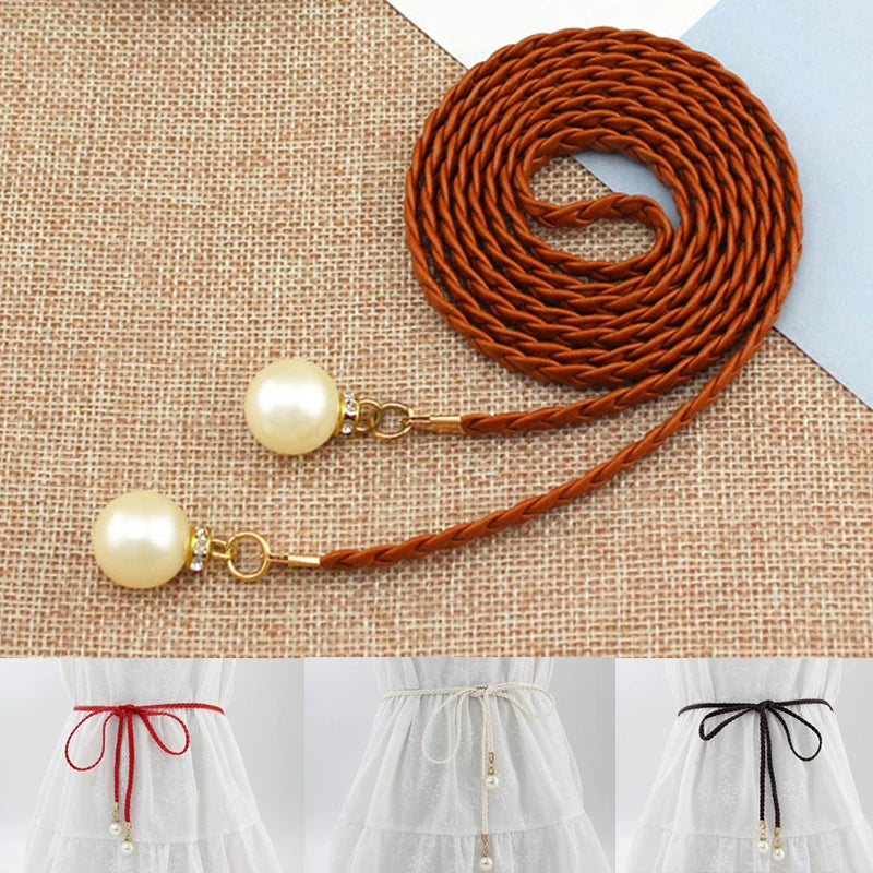 [F] Women Simple PU Leather Belt Boho Tassel Braided Self-Tie Belt Thin Waist Rope Belt