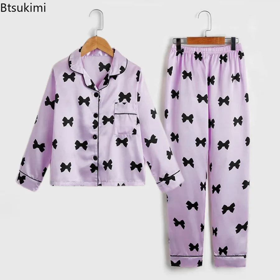 Autumn New Children's Pajama Set Imitation Silk Bow Printed Two-piece Pajamas Girls Solid Color Casual Long Sleeves Home Clothes