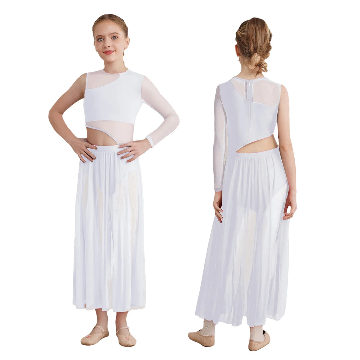 Kids Girls Lyrical Contemporary Dance Dress Patchwork Side Split Mesh Shiny Rhinestones Dresses Competition Performance Costumes