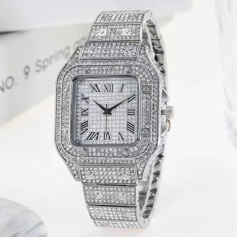 2pcs Set Luxury Diamond Men's Watches Business Stainless Steel Quartz Wristwatch Male Casual Silver Bracelet Wrist Watch