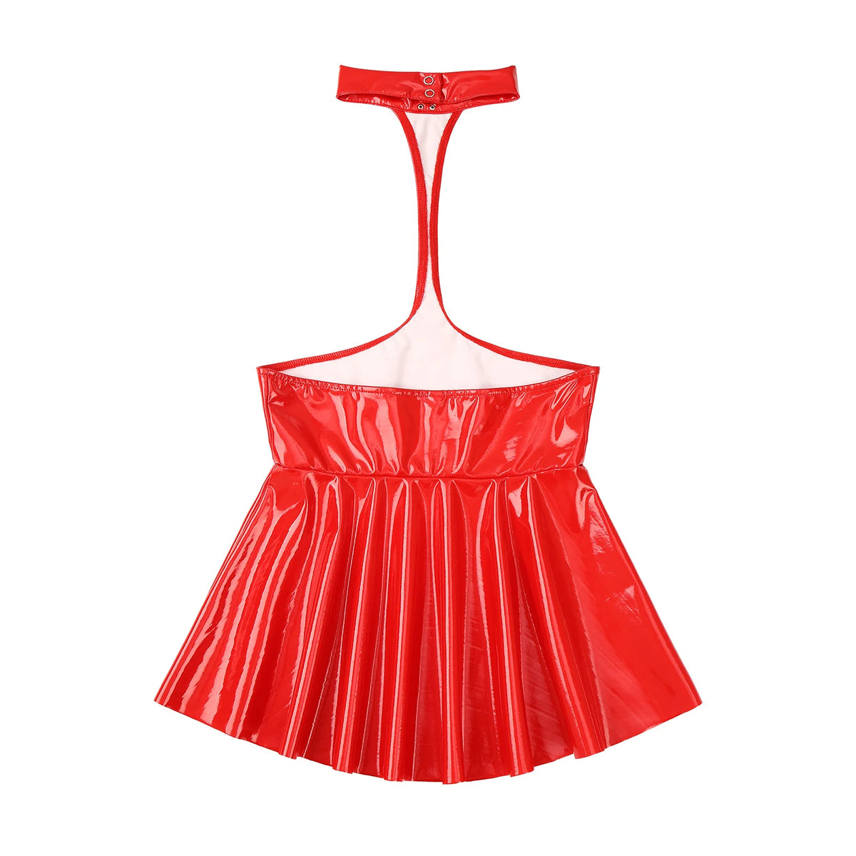 Womens Patent Leather Latex Dress Clubwear Open Chest Halter Ruffled Wet Look Halter Sexy Club Latex Dress with 2 Press Buttons