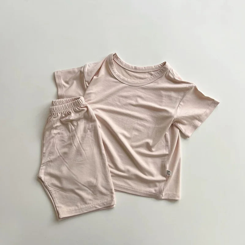 2026 Summer New Children Short Sleeve Pajamas Two-piece Set Boys Girls Thin Cotton Homewear 2pcs Suit Solid Toddler Outfits