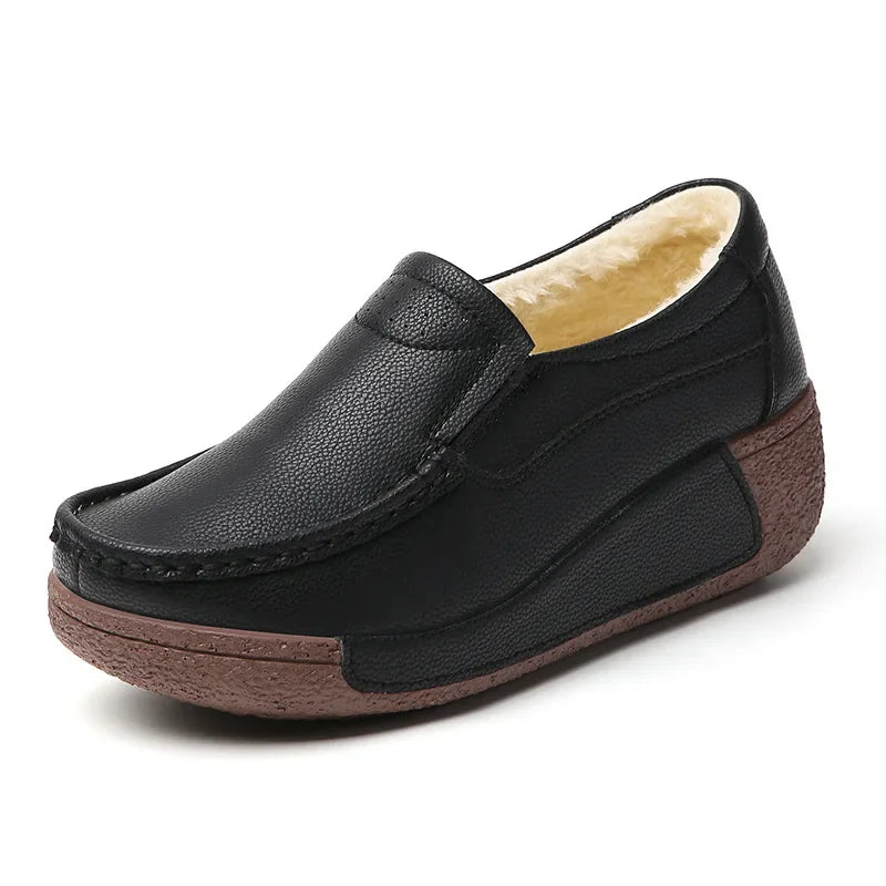Spring and Summer Women Fashion Loafers Genuine Leather Moccasins Autumn Slip-on Casual Round Toe Wedge Platform Rocking Shoes