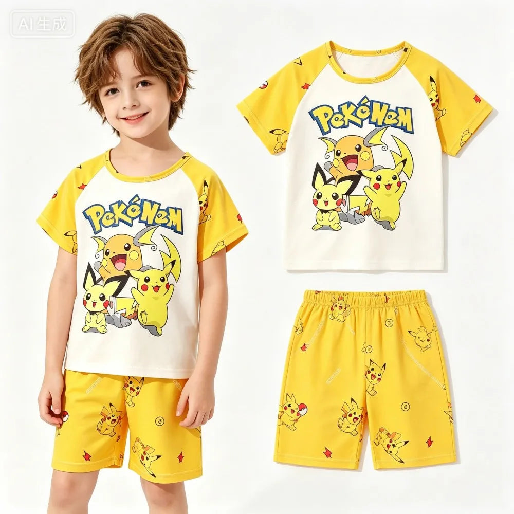 Animal Cartoon Boys Summer Pikachu Pajamas Sets Kids Summer Tops + Shorts Cartoon Sleepwear Pyjamas Toddler Kids Clothes Suits
