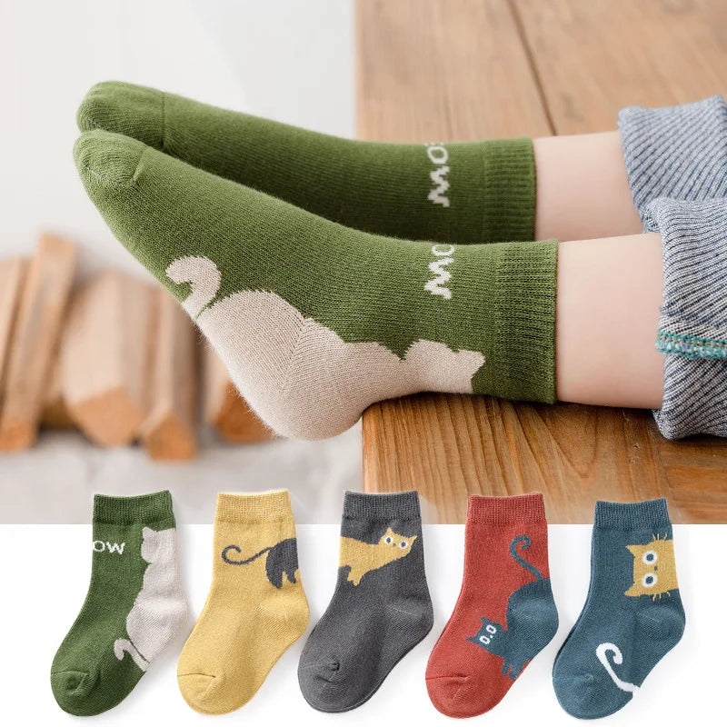 5/10 Pairs Kids Socks Autumn Winter Middle Tube Sock Cartoon Cat Pattern Comfortable Breathable Children Socks For Boys Girls