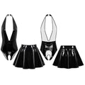 Womens PU Leather Lingerie Outfits Wet Look Halter Deep V Neck Backless Crotchless Bodysuit with Mini Skirt Nightclub Clubwear