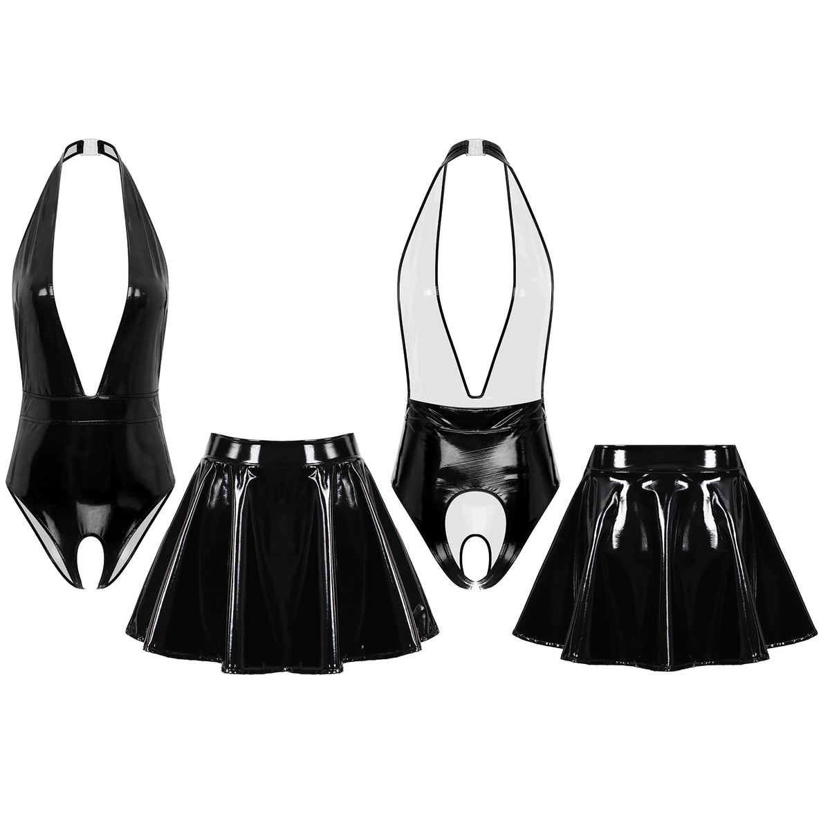 Womens PU Leather Lingerie Outfits Wet Look Halter Deep V Neck Backless Crotchless Bodysuit with Mini Skirt Nightclub Clubwear