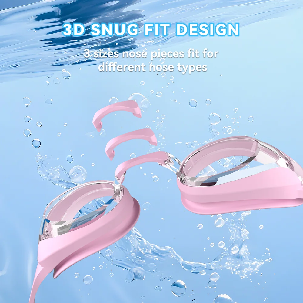 Kids Swim Goggles Swimming Eyewear Glasses Quick Adjustable Strap Anti-fog&Leak Replaceable Nose Bridge Girls Boys With Age 3-14