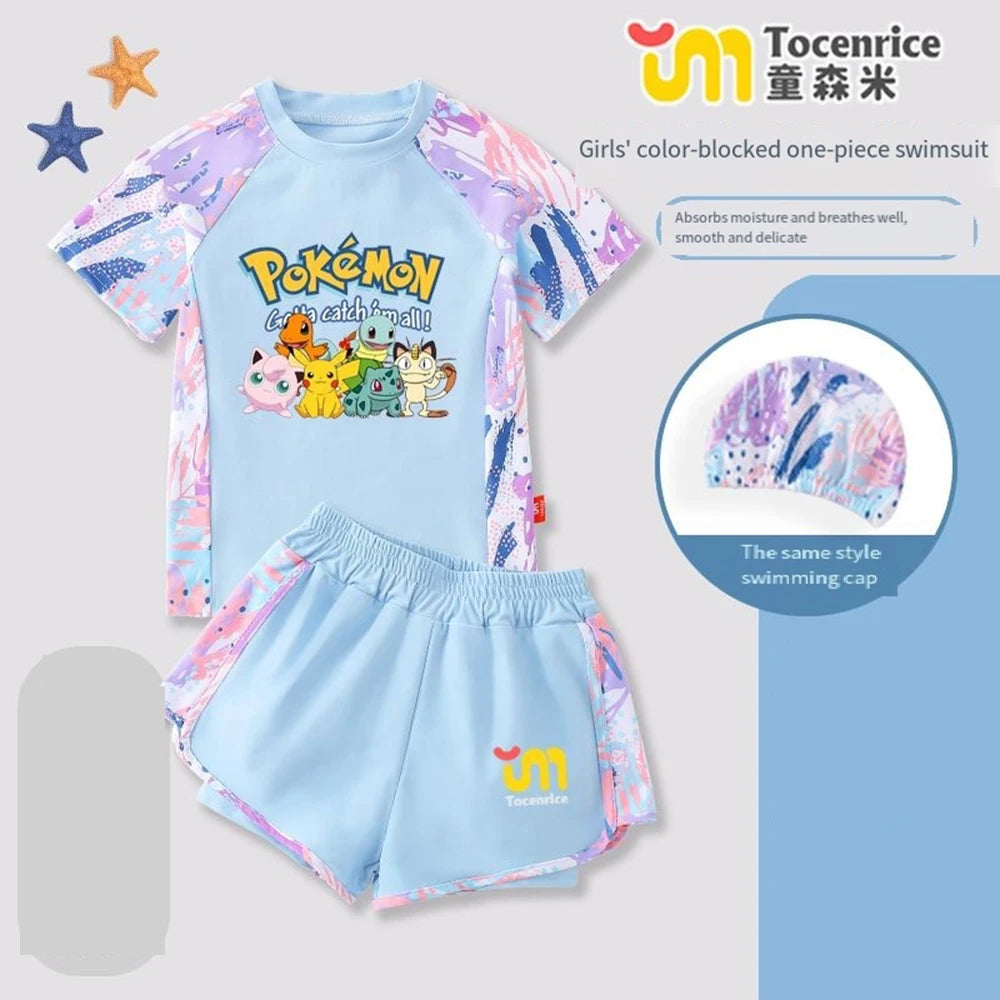 Pokemon Pikachu Girls 2 Piece Swimsuit Set Quick Dry Rash Guard Kids Cartoon Beach Bathing Suit Summer Children Swimwear Outfit