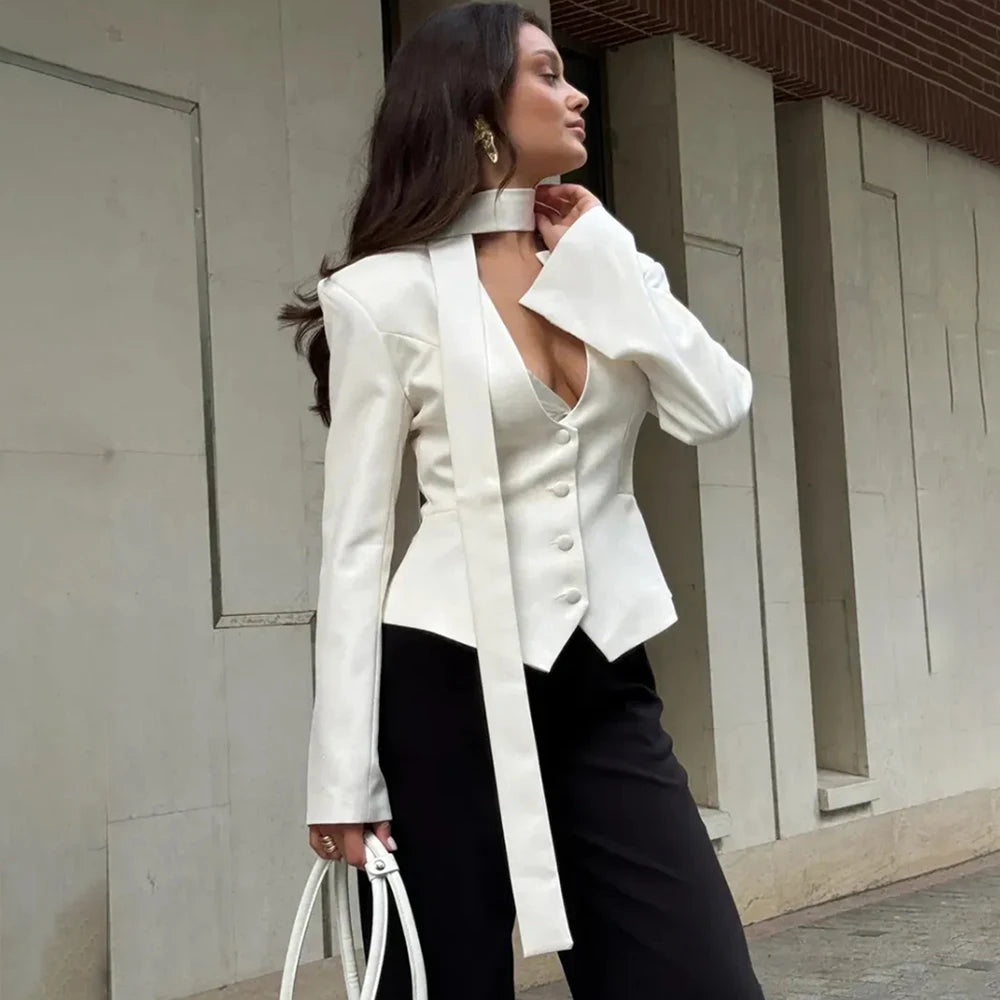 Talenza Female Fashion Blazer New Solid V-Neck Scarf Ribbon Long Sleeve Slim Blazer Elegant Luxury Chic Party Women Blazer Coats