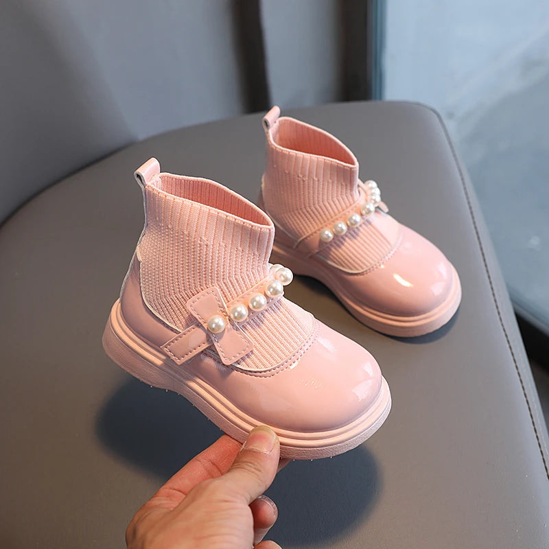 Girl's Short Boots Ankle-High Beading Autumn Fly-Woven Kids Sock Boot Wedges Flexiable Sweet Slip-on Toddler Children Boot 21-30