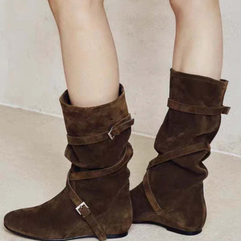 Women Flats High Boots Suede New Casual Sport Shoes Mid Calf Pleated Chelsea Fashion Boots Trend Woman Sneakers Walking Botas