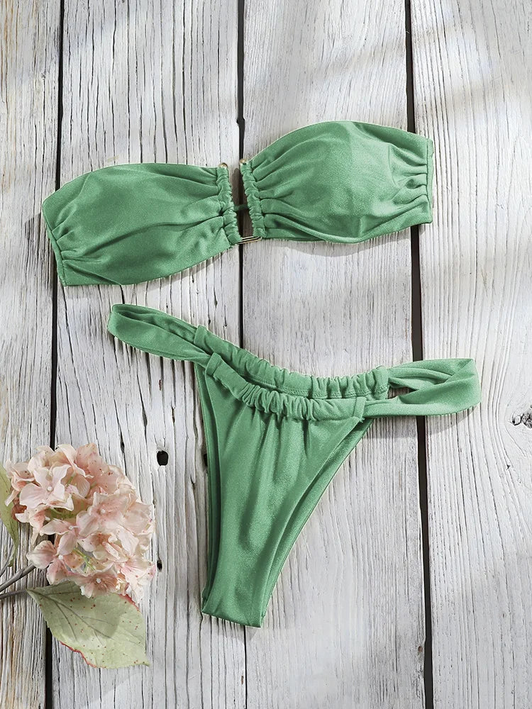 Bandeau Bikini Set Pleated Swimwear Women Solid Color Swimsuit Patchwork Bathing Suit Thongs Biquini Mujer Swimmwear Wear Beach