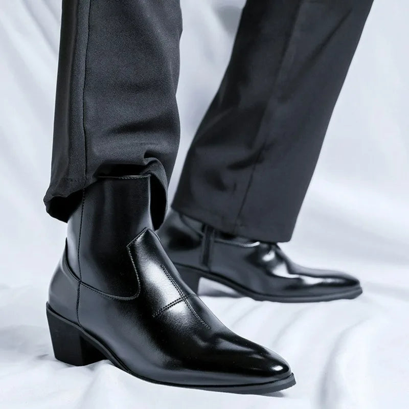Men's Boots Leather Chelsea Boots British Style High Top Ankle Boots Zipper Pointed Toe Shoes Outdoor Business Male Dress Shoes