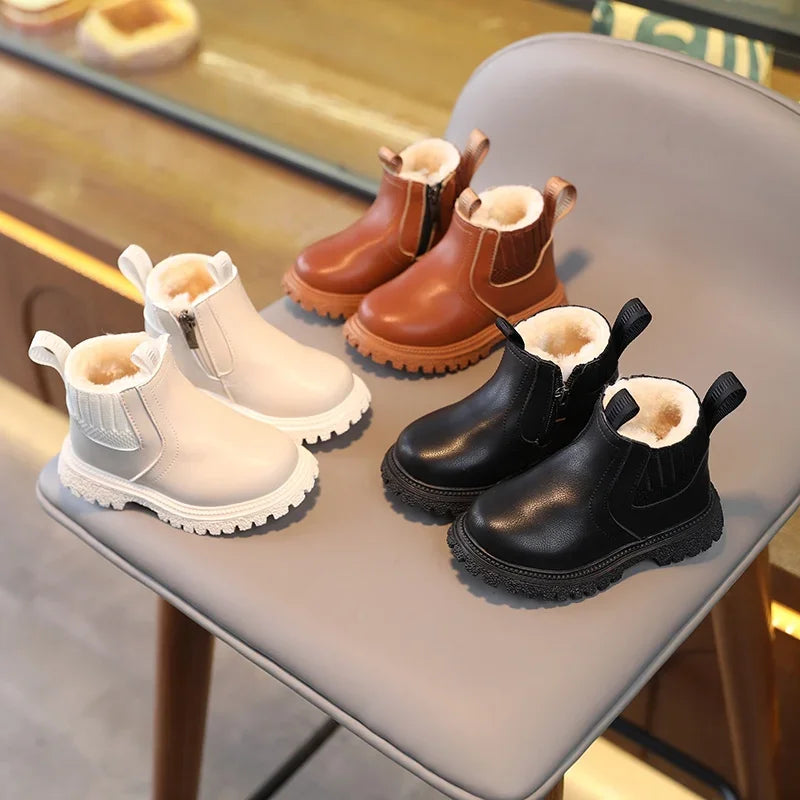 Kids Short Boots Fashion Boys Shoes Autumn Winter Leather Children Boots Non-Slip Toddler Girls Boot Toddler Snow Shoes