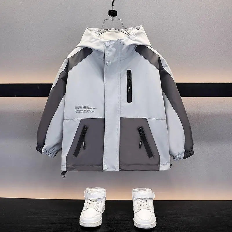 Children Clothing Color Blocking Jacket 2026 Spring Autumn Teen Boys Fashion Zipper Hooded Windbreaker Coat Kids Outewear Tops