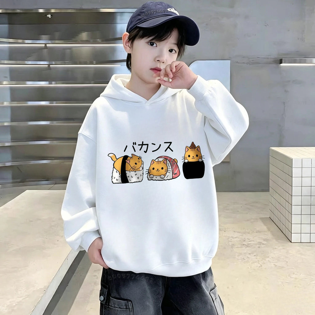 Autumn/Winter Children's Hooded Sweatshirt with Cute Cat and Sushi Print for Boys and Girls, Long-Sleeved Top Sweater