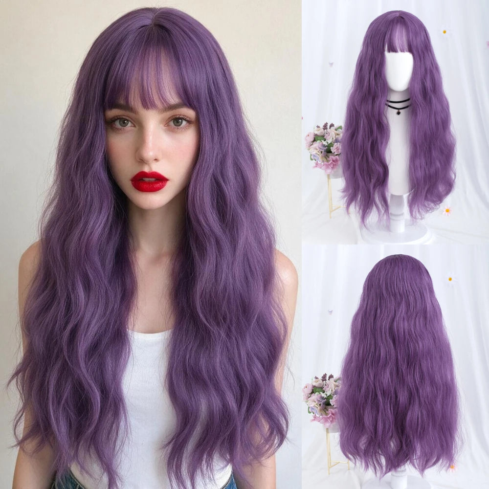 VICWIG Synthetic Hair Long Wavy Purple Green Black Blue Brown Cosplay Wig with Bangs for Women