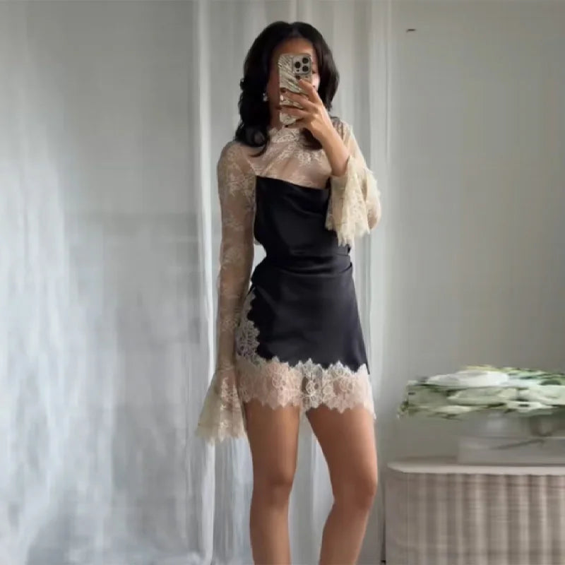 Elegant Fashionable Short Dress Lace Stitching Trendy Stylish Party Dresses Modest Dignified Sweet France Romantic Women Outfit