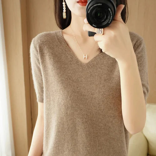 Women Sweater Casual Short Sleeve Pulls 2025 Spring Summer V-neck Knitwears Korean Fashion Shirts Tops Pullovers Soft Jumpers