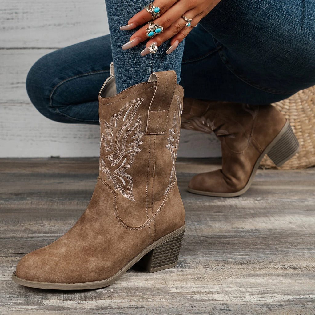 Shoes for Women New Embroidered Western Cowboy Boots Women Autumn Pointed Toe Thick Heel High Knee Boots Woman Botas De Mujer