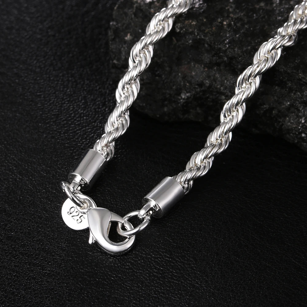 High Quality 925 Silver 4MM Women Men Chain Male Twisted Rope Necklace Bracelets Fashion Silver Jewelry Set