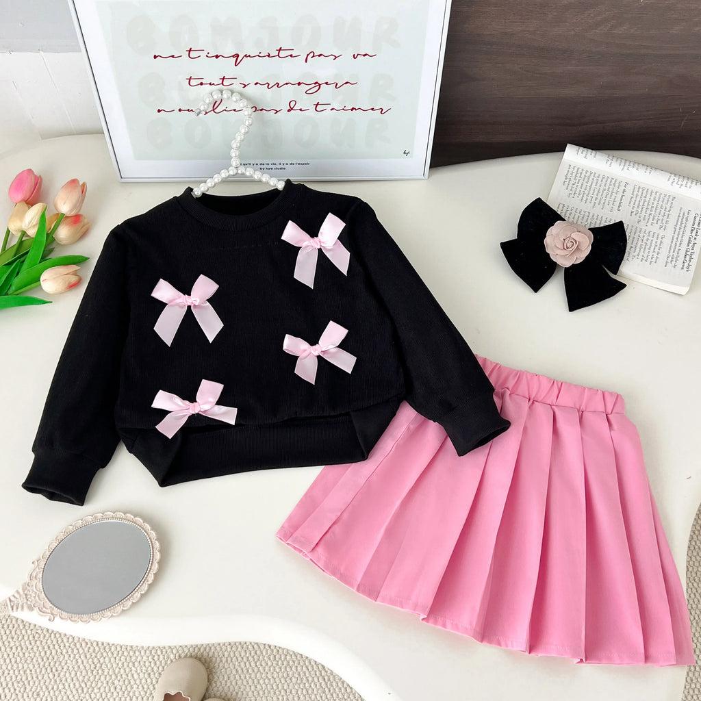Kids Clothing Sets New  Autumn Bow Long Sleeve Black Sweatshirt Pink Pleated Skirt 2-Piece Girl Clothing Suits