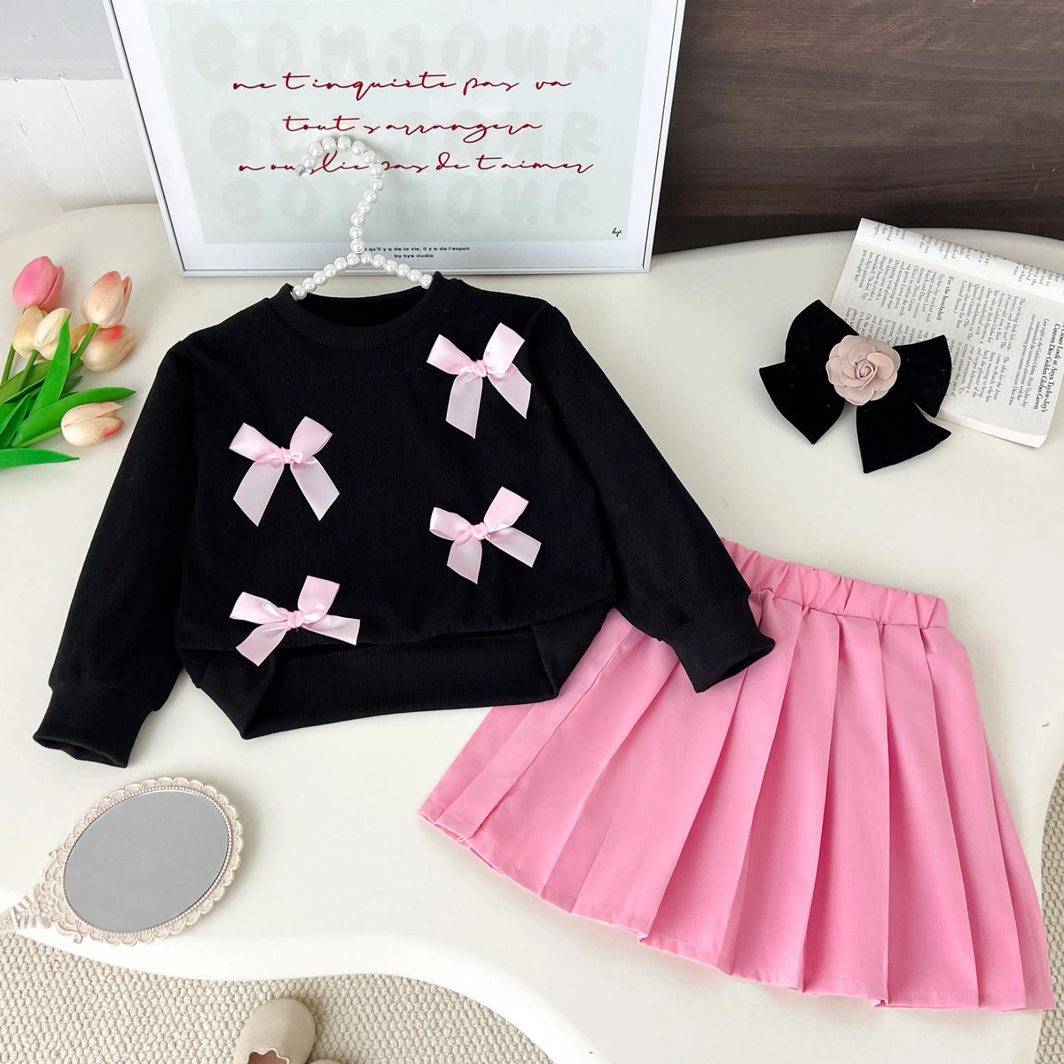 Kids Clothing Sets New  Autumn Bow Long Sleeve Black Sweatshirt Pink Pleated Skirt 2-Piece Girl Clothing Suits