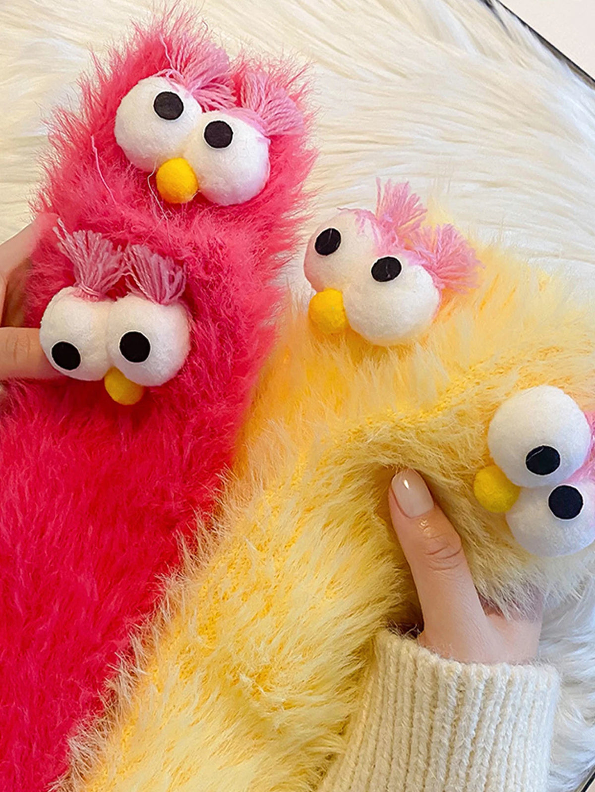 1 Pair of Women's Creative Socks, Festive Socks, Cartoon Socks, Plush Socks, Ankle Socks, Big-Eyed Socks, Cute Socks, Warm Socks
