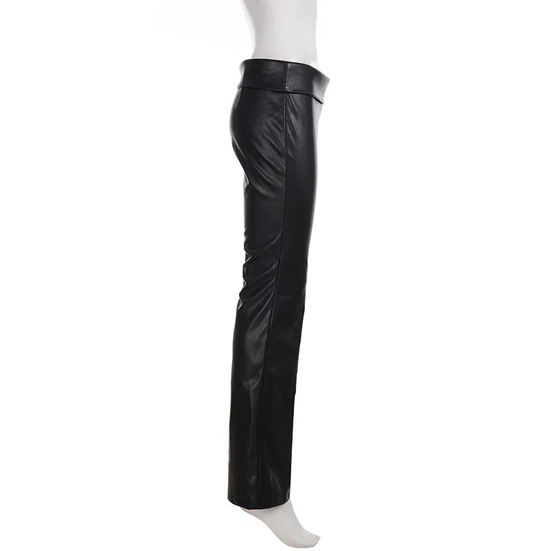 SUCHCUTE Chic Black PU Leather Pants Women Vintage Sexy Low Waist Trousers Y2k Streetwear Club Party Bottom All Match Clothes