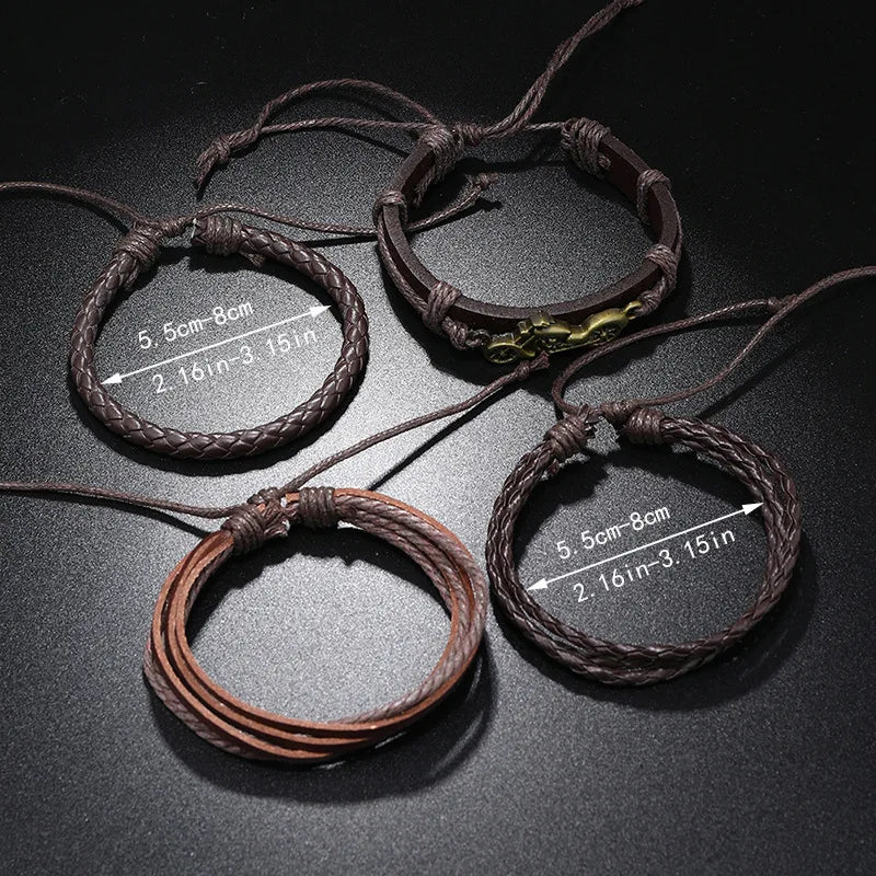 Fashion Bracelet For Men Hand Bangles Woven Alloy Motorcycle Hand Jewelry Adjustable Leather 4Pcs/Set Bracelet For Leather