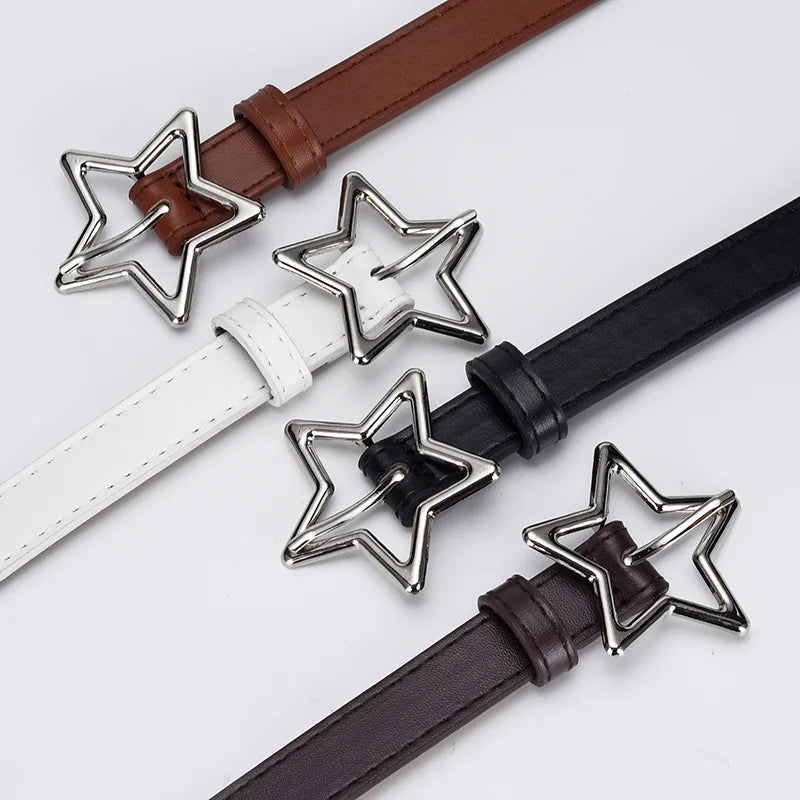 1.8x93cm Children Kids Five-pointed Star Metal Snap PU Leather Belt Girls Boys Silver Buckle Waistband Pants Decor Waist Belt
