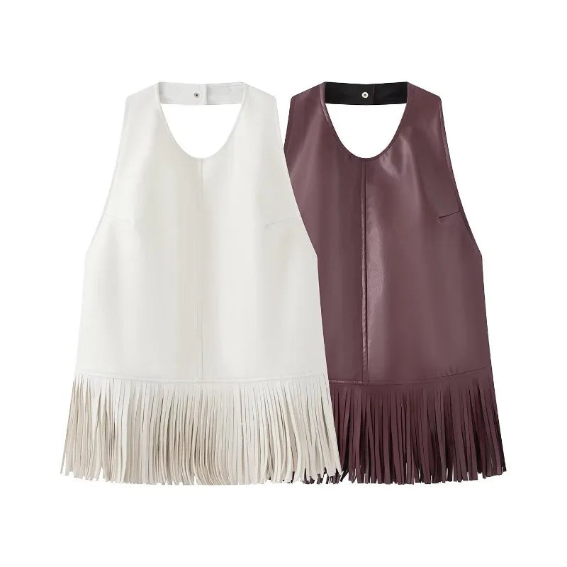 Women Faux Leather Fringe Vest Halter Sleeveless Back Button Sleeveless Waistcoat Western Cowgirl Street Chic Outerwear Tank Top