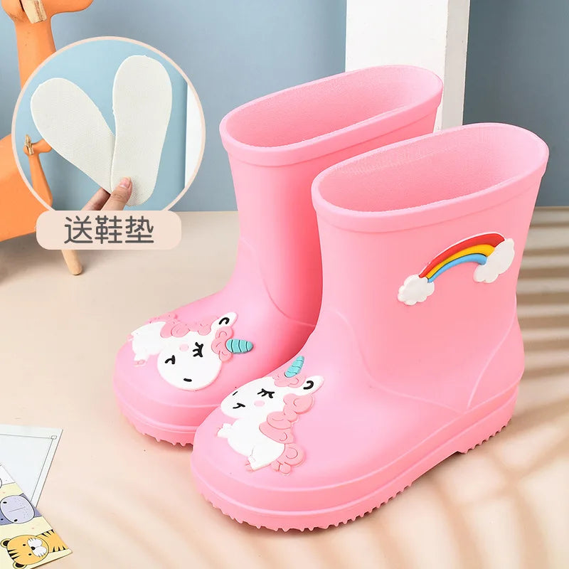 New Kids Rain Boots Boys Girls Rainbow Water Shoes Toddlers Garden Shoes Kids Cartoon Drawstring Non-Slip Rain Boots Comfortable