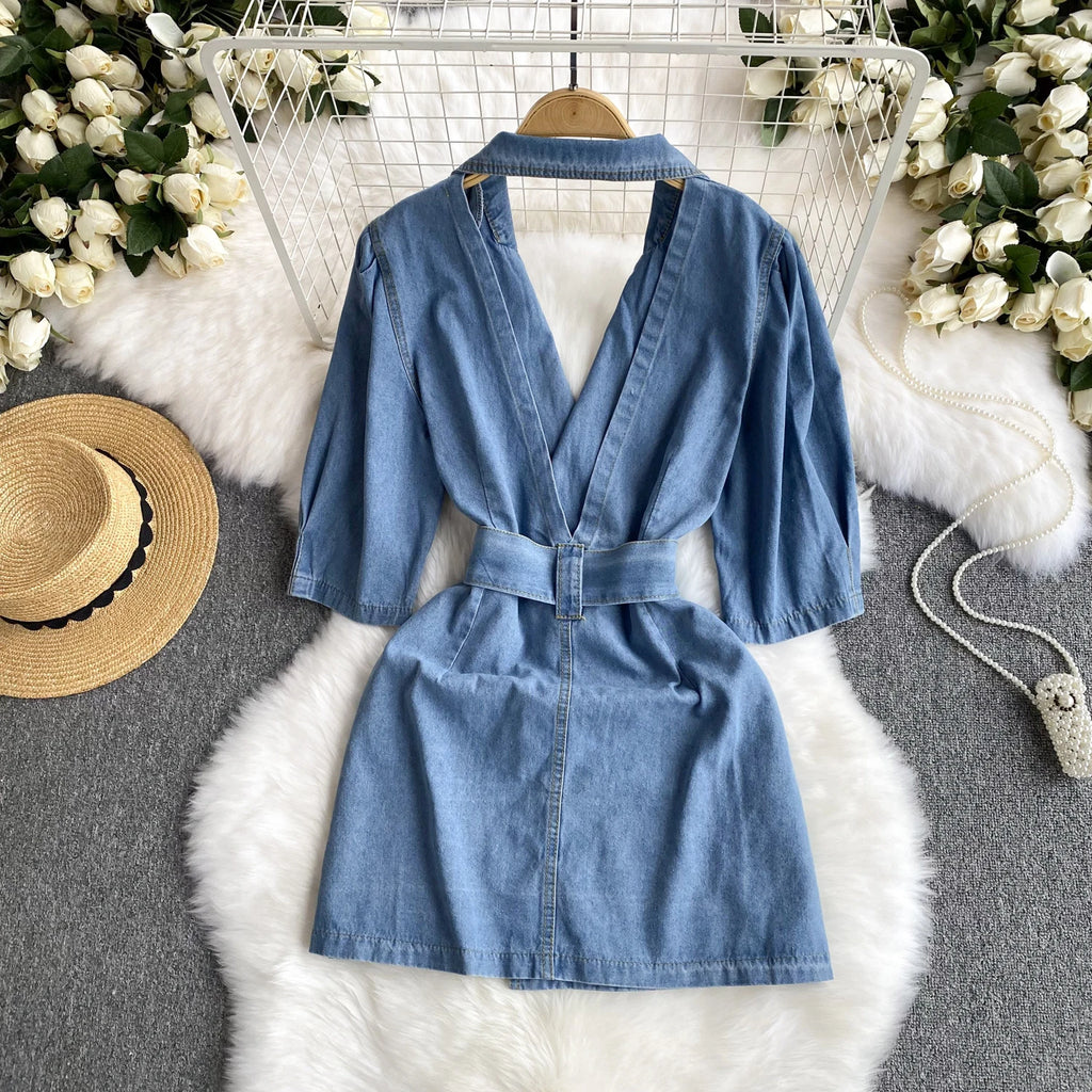 Women Summer Short Sleeve Jeans Dress Spice Girl V-Neck Double-Breasted Sashes Slimming Denim A-line Dresses