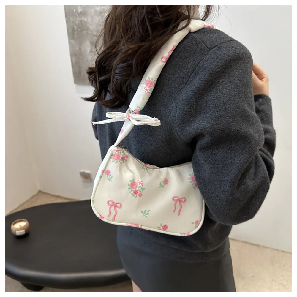 New Drawstring Aesthetic Floral Bag Large Capacity Pleated Strap Underarm Bag Adjustable Strap Zipper Closure Chic Hobo Bag