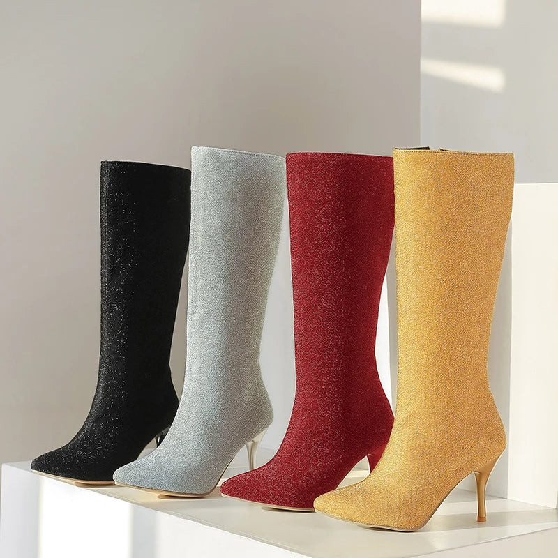 Women's Boots in Black, Red, White, and Yellow with Fine Shimmer, Pointed Toe, Stiletto Heel, Designer Style, Mid-High Boots for Women, New Autumn and Winter Elegant High-Heeled Shoes, Clearance Sale, Solid Color Simpl