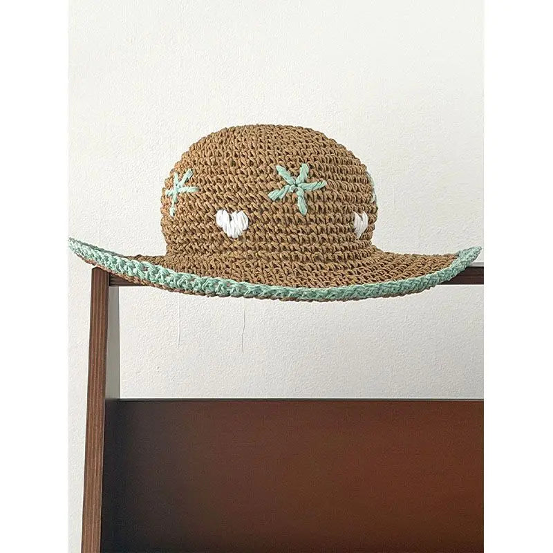 Colorful Flower Straw Hats for Women Boho Embroidered Flower Weave Hat Foldable Korean Hollow Out UV Protection Sun Cap Outdoor