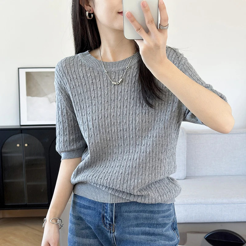 WinvyNee Summer Women’s 100% Cotton Sweaters T-Shirt Short Sleeve O neck Solid Knitwears Pullover Female Tops Spring A1002025