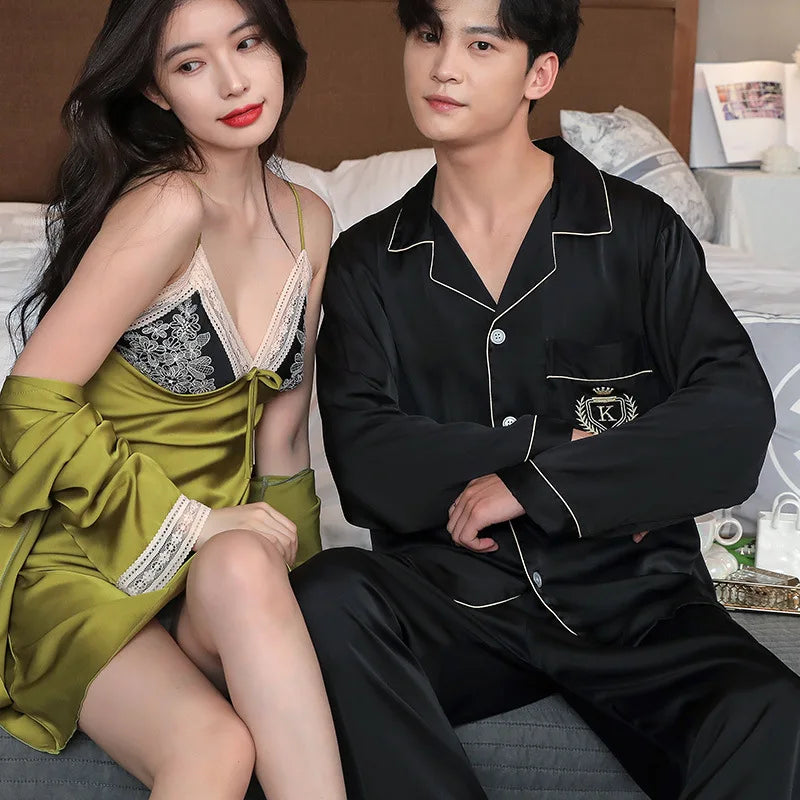 Couple Lounge Sleep Wear Ice Silk Pajamas Set Men Shirt Pants Women Lace Sling Nightdress With Robes Sleepwear